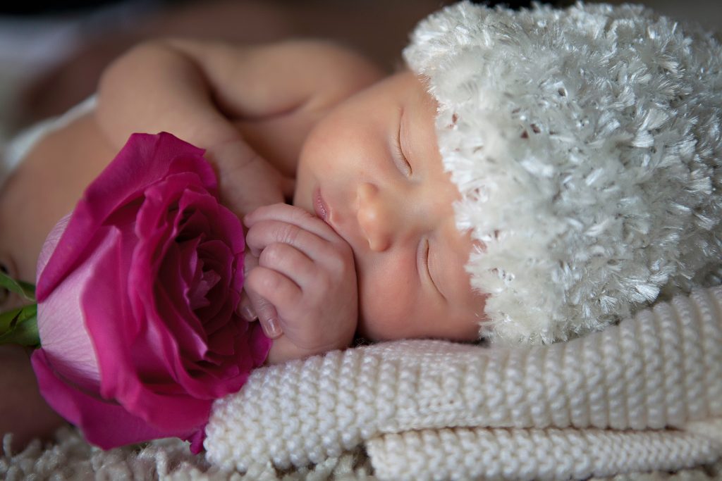 Sleeping baby with red rose photo