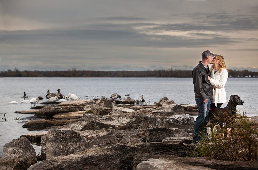 Creative engagement photos with a dog at Bayshore Waterfront