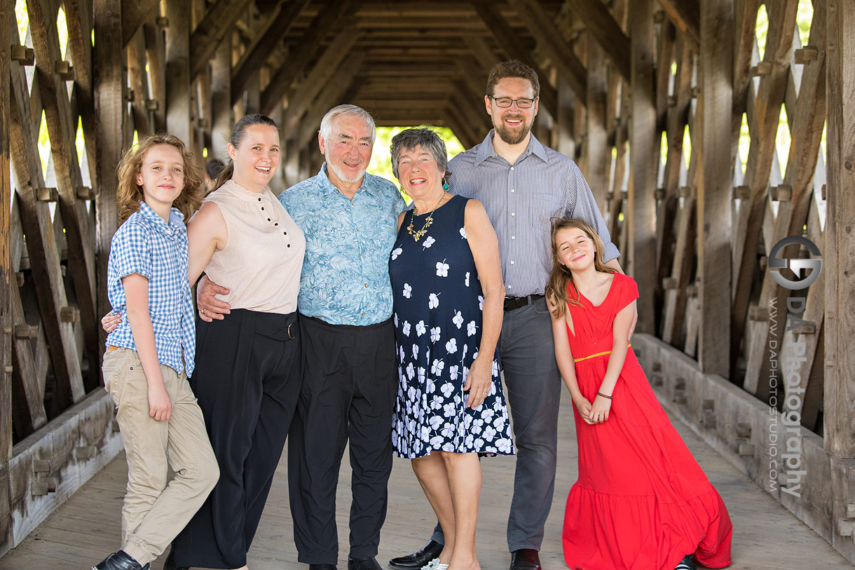 Fun family photo at the Covered Bridge in Guelph